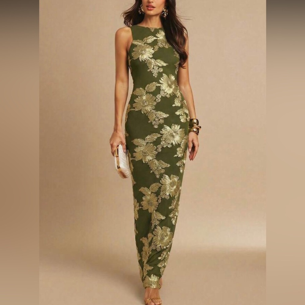 Olive Green Floral Sheath Dress with Gold Embroidery